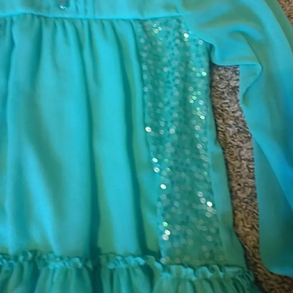 Jona Michelle Girls Teal Sequin Ruffle Long Sleeve Top Size 10